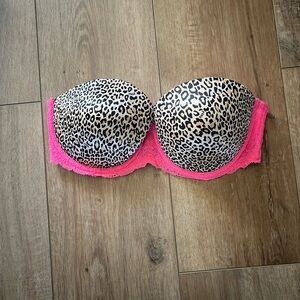 PINK by VS Leopard Print Strapless Bra with Neon Pink Lace 36D